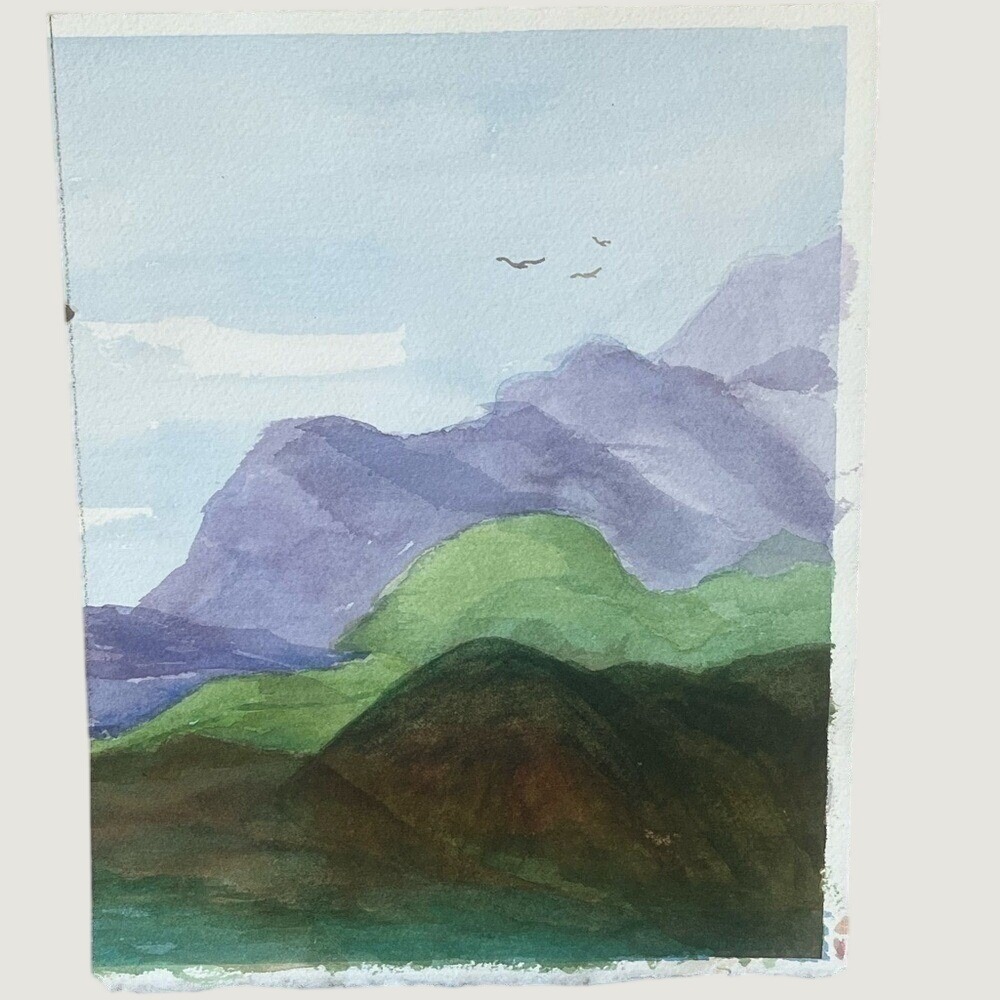 Original Watercolor Serene Mountain Landscape Scene Painting Cottagecore NWOT